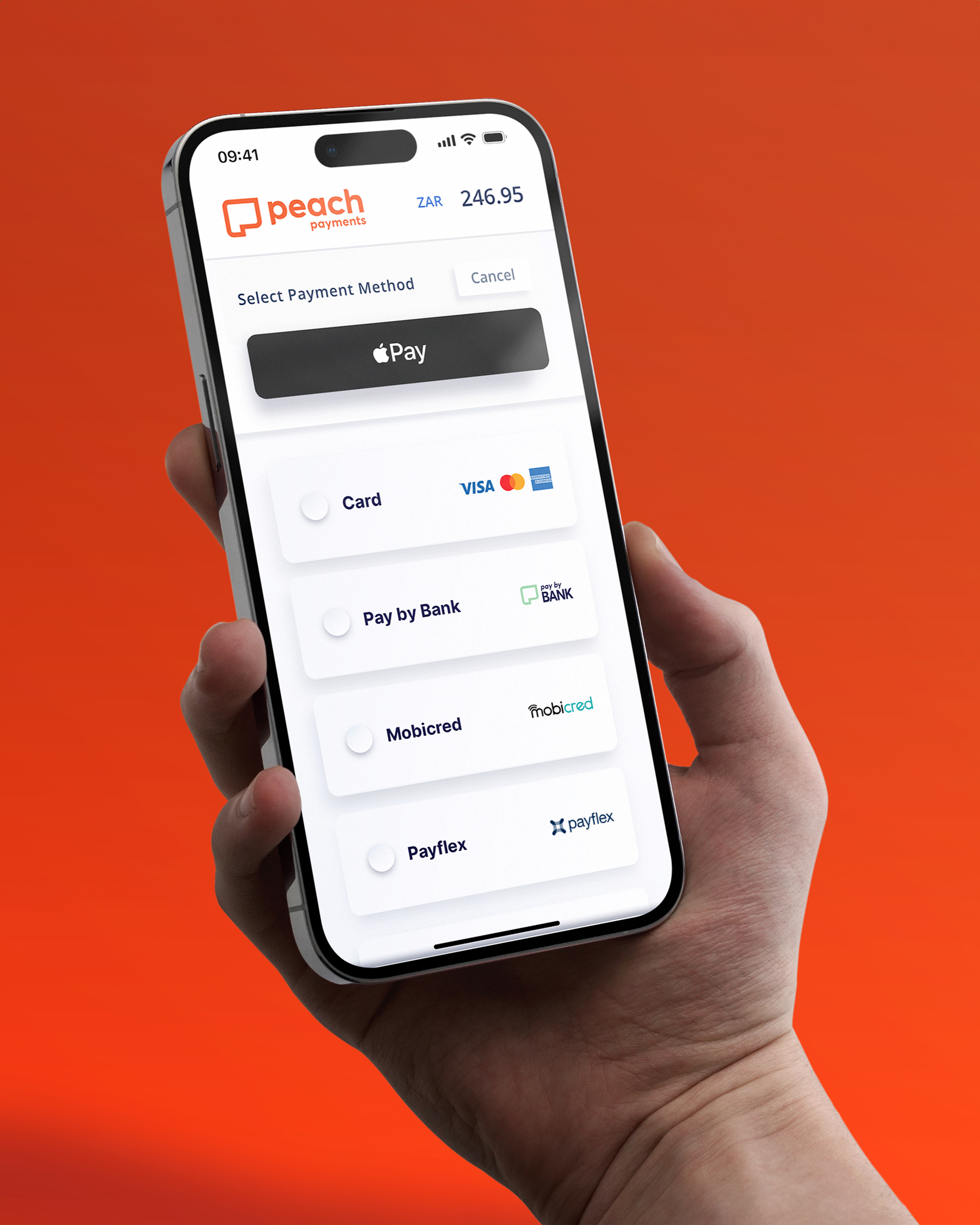 Peach Payments Checkout - Mobile In Hand Image - Single Colour BG - Narrow