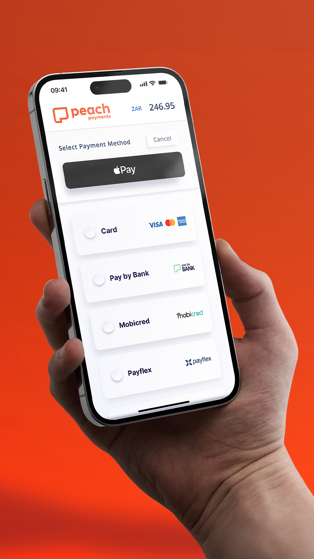 Peach Payments Checkout - Mobile In Hand Image - Single Colour BG - Vertical