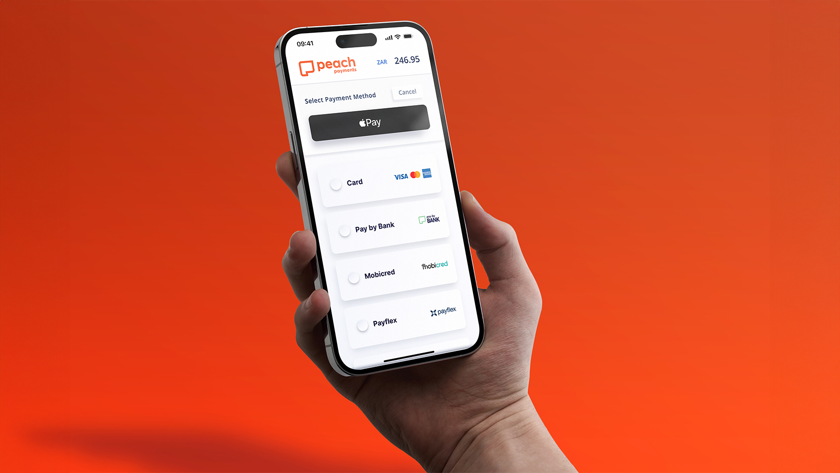 Peach Payments Checkout - Mobile In Hand Image - Single Colour BG - Wide